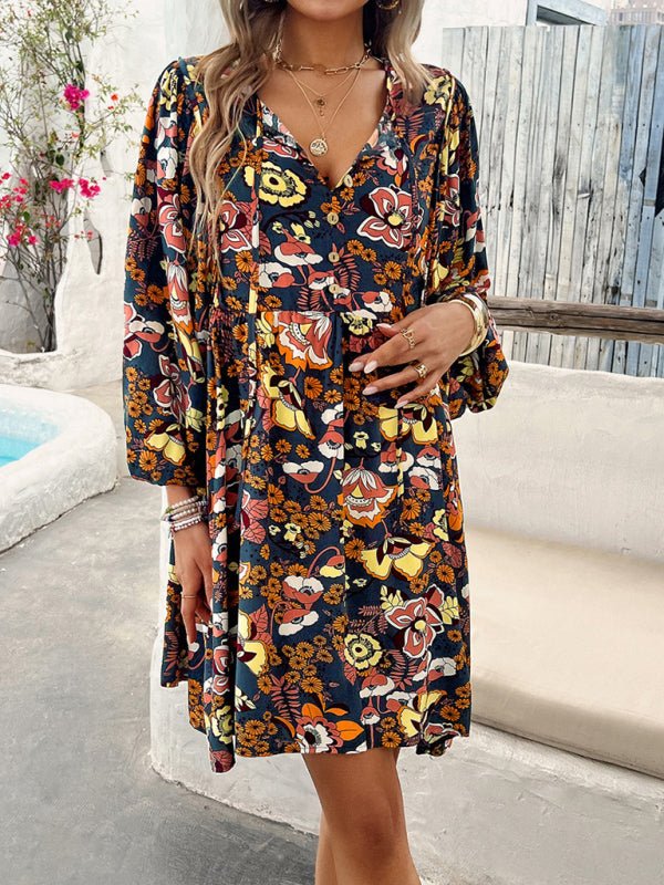 New V - neck loose casual full - body printed dress - Casual Dress